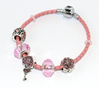 Kožený náramek s korálky Fashion Jewerly - Romantická princezna, Růžový zámek, květiny 2289