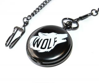 MR Otevírací Kapesní Hodinky na řetězu za pásek, černé - Divoký vlk, Svobodná duše, Wild wolf 3119