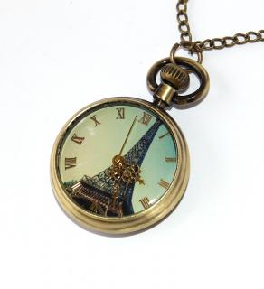 MR Otevírací Kapesní Hodinky na řetízku, bronzové - Eiffelova Věž, Retro Style, Antique Gold Paris 2497
