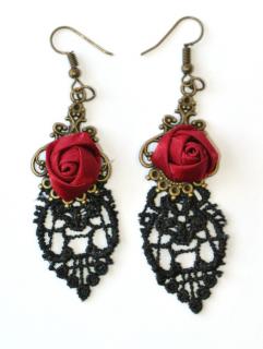 Náušnice Fashion Jewerly - Růže a černá krajka 1153 (retro, gothic, vampire)