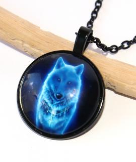 Řetízek Fashion Jewerly - Amulet Modrý Vlk v černé, spanilý moudrý ochránce, Blue Wolf 2549