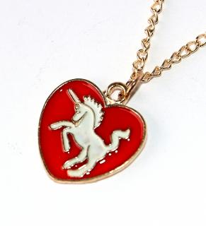 Řetízek Fashion Jewerly - Vznešený jednorožec v červeném srdci, Zlatý Ochránce, Pro štěstí, Love Unicorns 2881