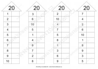 Pracovní listy domečky se 2 sloupci (sčítání a odčítání do 20)