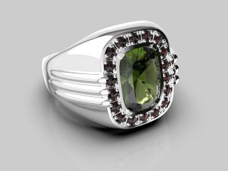 Stříbrný pánský prsten s vltavín, granát 8,6 g, Ag 925/1000+Rh velikost prstenu: 67