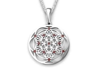 Stříbrný přívěsek Mandala – květ života - granát 2,8 g, Ag 925/1000+h