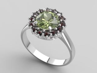 Stříbrný prsten - vltavín, granát 2,8 g, Ag 925/1000+Rh velikost prstenu: 52