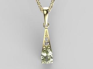 Zlatý přívěsek 0,73 g, vltavín, diamanty SI1-G 0,0235 ct, Au 585/1000
