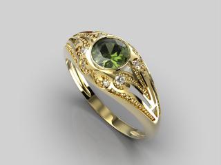 Zlatý prsten 2,56 g, vltavín, diamanty SI1-G - 0,0570 ct, Au 585/1000 velikost prstenu: 50