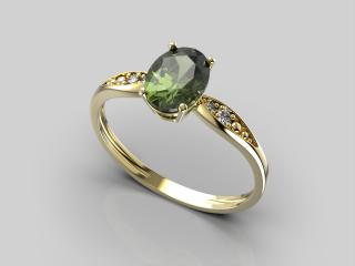 Zlatý prsten, vltavín, diamanty SI1-G 0,0348 ct, Au 585/1000 hmotnost: 1,38 g, velikost prstenu: 50