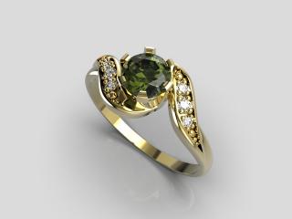 Zlatý prsten - vltavín, diamanty SI1-G 0,0404 ct, Au 585/1000 hmotnost: 1,60 g, velikost prstenu: 50