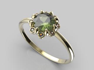 Zlatý prsten - vltavín, diamanty SI1-G - 0,0424 ct, Au 585/1000 hmotnost: 1,41 g, velikost prstenu: 53