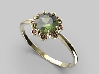 Zlatý prsten - vltavín, granát Au 585/1000 hmotnost: 1,41 g, velikost prstenu: 50