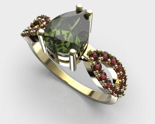 Zlatý prsten ze žlutého zlata, vltavín, granát, Au 585/1000 hmotnost: 2,55 g, velikost prstenu: 50