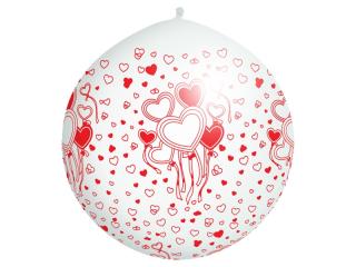 Balón jumbo bílý s červenými srdíčky, pastelový - 1m