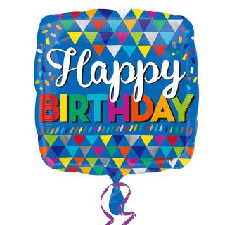 Fóliový balónek hranatý - Happy Birthday, trojúhelníky (43cm)