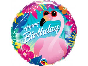 Fóliový balónek - Plameňák tmavý s brýlemi  Happy Birthday  (46cm)