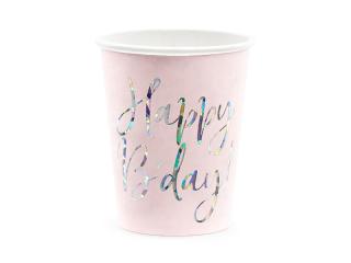 Kelímky papírové - růžové, holografický nápis Happy B'day (6ks)
