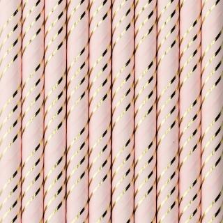 Papírová brčka - světle růžová, se zlatými pruhy (10ks)