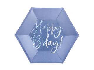 Talířky papírové - modré, holografický nápis Happy B'day (6ks)