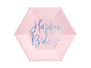 Talířky papírové - růžové, holografický nápis Happy B'day (6ks)
