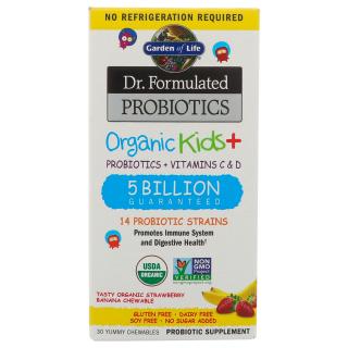 Dr. Formulated organická probiotika - pro děti - s příchutí jahody a banán (30 žvýkacích tablet - 5 miliard CFU, 14 probiotických kmenů plus vitamíny C  D a prebiotická vláknina - podpora zažívání a imunitního systému.)