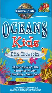 Ocean Kids DHA omega 3 - pro děti 120 tobolek (S příchutí lesního ovoce a limetky. Je vyroben z ultračistého molekulárně destilovaného rybího oleje bohatého na DHA, a je určen pro děti ve věku od 3 let. )
