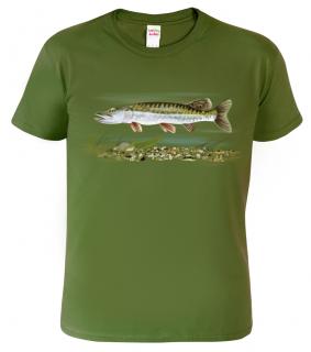 Pánské tričko pro rybáře - Štika obecná Barva: Vojenská zelená (Military Green), Velikost: 2XL