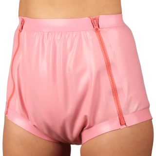 Gumové kalhoty na zip Barva: poloprůhledná růžová (Pink), Barva zipu: Modrá, Velikost: L  Pas 110 - 142 cm