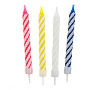 Dortové narozeninové svíčky - 4 barvy s proužky - 12 ks/7,5cm