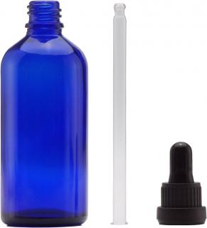 9ks lékárenská skleněná lahvička s kapátkem 100ml, modrá, na tinktury, oleje
