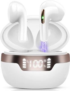 Bluetooth 5.2 sluchátka se 2 mikrofony s potlačením hluku, J97, LED displej, bílá
