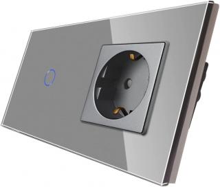 CNBINGO Dotykový stmívatelný vypínač se zásuvkou se skleněným rámem, Schuko, šedý