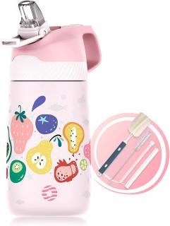 Dětská láhev na pití 350 ml z ušlechtilé oceli, bez BPA, termoska, růžová