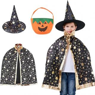 Dětský halloweenský / kouzelnický kostým s kloboukem a taškou na sladkosti, 20 tetování, černý