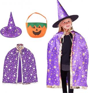 Dětský halloweenský / kouzelnický kostým s kloboukem a taškou na sladkosti, 20 tetování, fialový