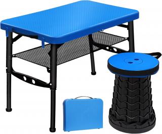 FIEMACH Přenosný skládací stůl se skládací stoličkou, modrá