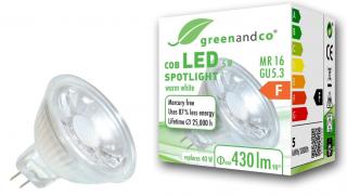 greenandco® MR16 / GU5.3 LED bodová žárovka, 3000K, 38°, 430lm, CRI>80