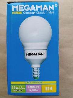 Úsporná žárovka Megaman 11W (60W), E14, 2700K, teplá, bílá