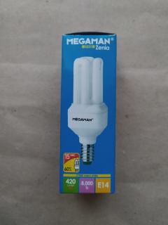 Úsporná žárovka Megaman 8W (40W), E14, 420 lumen, teplé bílé světlo