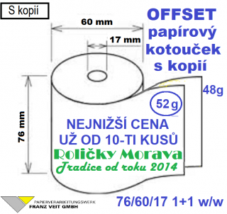 Papírový kotouček s bílou kopií 76/60/17 cena za: 10 ks ve fólii