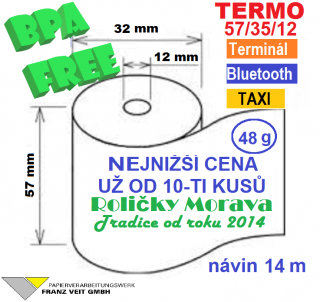 Termo kotouček 57/35/12 BPA 14m  (57mm x 14m) Množství: 10 ks kotoučků ve fólii