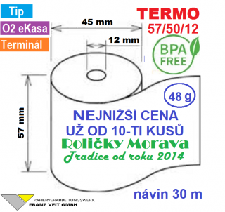 Termo kotouček 57/50/12 BPA 30m (57mm x 30m) Množství: 10 ks kotoučků ve fólii