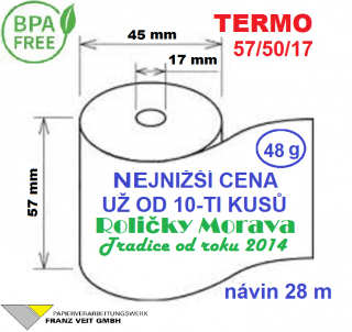 Termo kotouček 57/50/17 BPA 28m (57mm x 28m) Množství: 10 ks kotoučků ve fólii