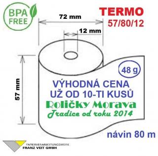 Termo kotouček 57/80/12 BPA 80m (57mm x 80m) Množství: 10 ks kotoučků ve fólii