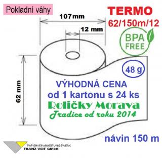 Termo kotouček 62/107/12 BPA 150m (62mm x 150m) Množství: 4 ks kotoučků ve fólii