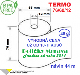 Termo kotouček 76/60/12 BPA 44m (76mm x 44m) Množství: 1 ks kotoučku