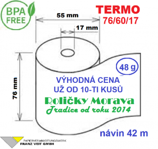 Termo kotouček 76/60/17 BPA 42m (76mm x 42m) Množství: 1 ks kotoučku