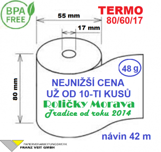 Termo kotouček 80/60/17 BPA 42m (80mm x 42m) Množství: 10 ks kotoučků ve fólii