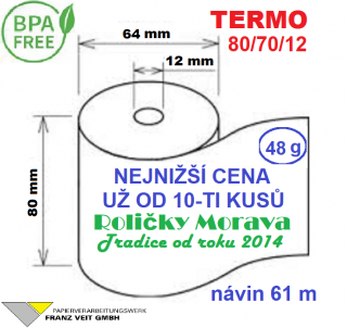 Termo kotouček 80/70/12 BPA 61m (80mm x 61m) Množství: 10 ks kotoučků ve fólii