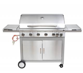 Plynový gril G21Mexico BBQ Premium line,7 hořáků+zdarma redukční ventil+Dárek (Nerezový plynový gril G21 Mexico BBQ na kuře, steak, kýtu či na gyros, grilovací jehla s motorem. Zahradní gril s litinovým roštem, teploměrem a bočním hořákem, dohromady 7 hoř